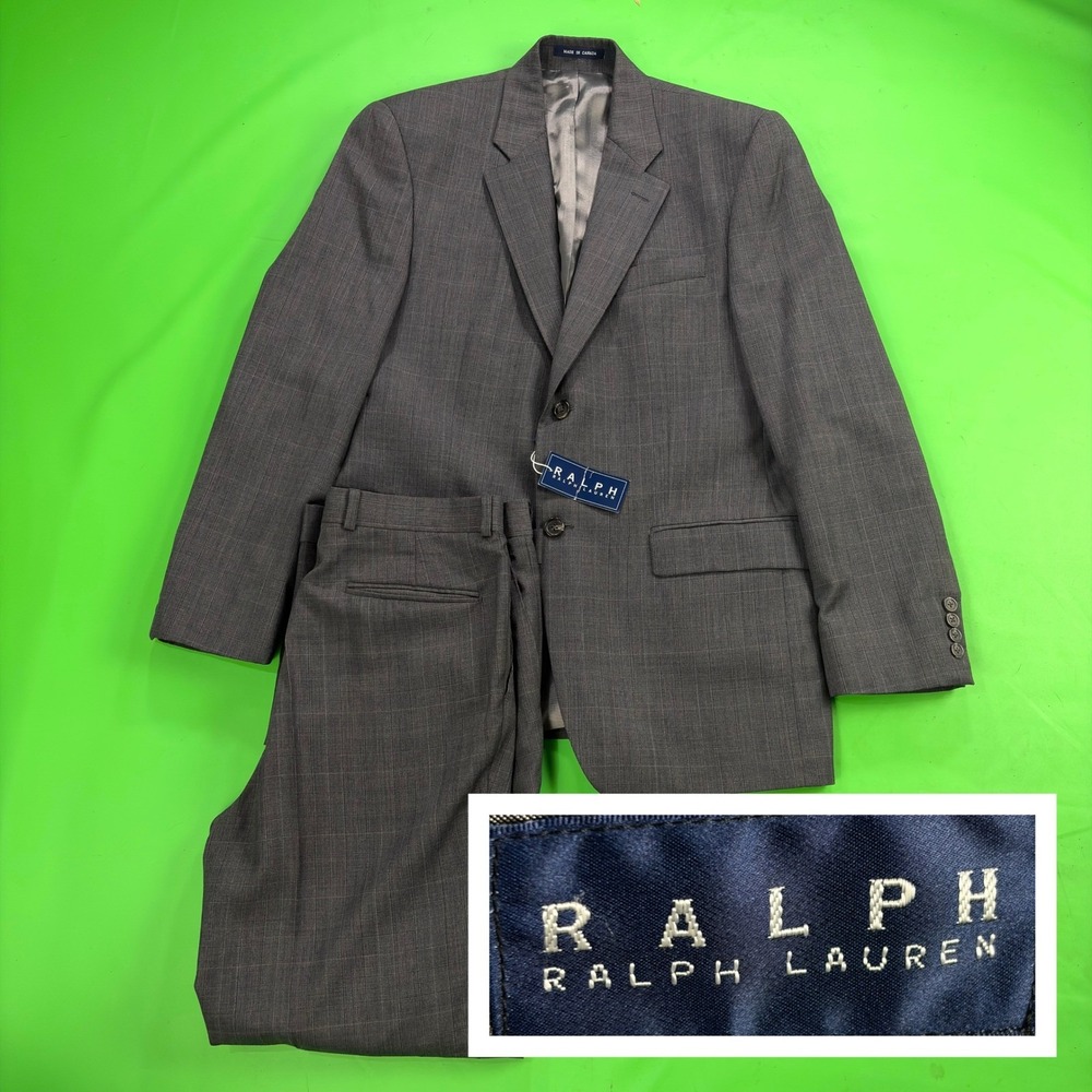 VTG 90s Ralph Lauren 100% Wool 2pc Suit Mens 40R 32/30 Gray Glen Check Tailored